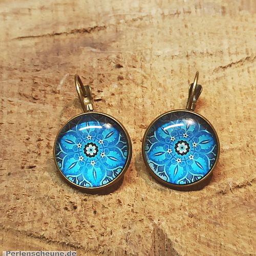 1 Paar Ohrringe Ohrhaken mit Glascarbochon 19 mm Motiv Mandala Blume blau