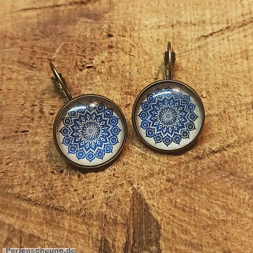 1 Paar Ohrringe Ohrhaken mit Glascarbochon 19 mm Motiv Mandala Blume dunkelblau