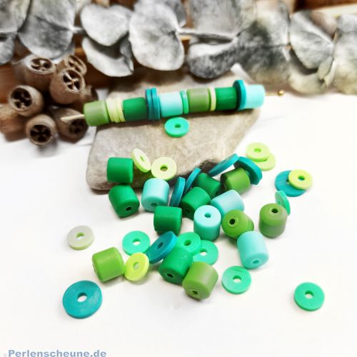 50 Katsuki Polymer clay Perlen Scheiben und Zylinder 6 mm grüntönig