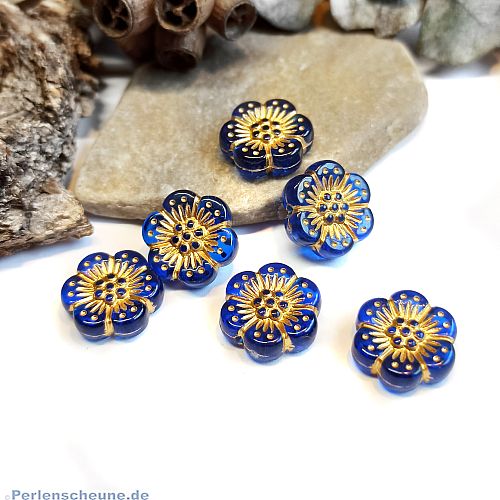 1 Acryl Perle royalblaue Blume mit Goldstreifen 12 mm
