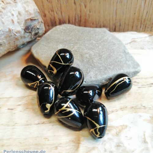15 schöne schwarze Tropfenperlen 15 mm mit Goldfäden