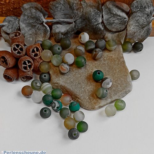 10 Edelsteinperlen Agate beads rund gefrostet marmor grau grün 8 mm