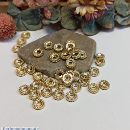 20 Spacer Perlen flach geriffelt 8 x 2 mm Acryl Zwischenperlen gold
