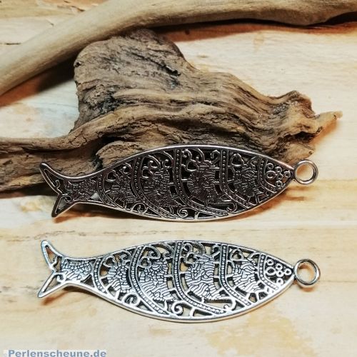 1 großer Kettenanhänger Fisch Metall silberfarben antik 70 mm