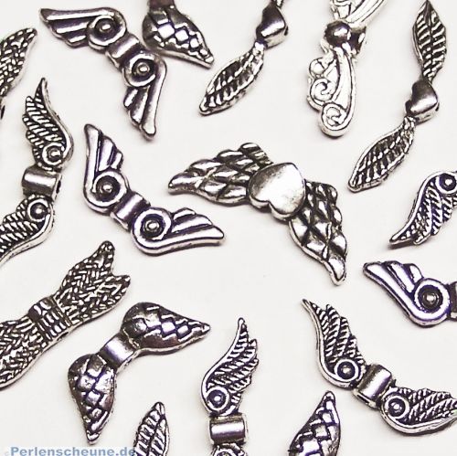 10 versch. Metallperlen Engelflügel silber Flügelperlen