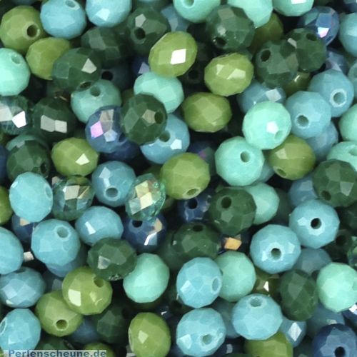 30 facettierte geschliffene Abacus Glasperlen grüntönig feuerpoliert 6 x 4 mm