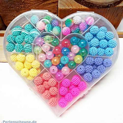 Herzbox mit 148 Acrylkugeln 12 mm verschiedene Farben