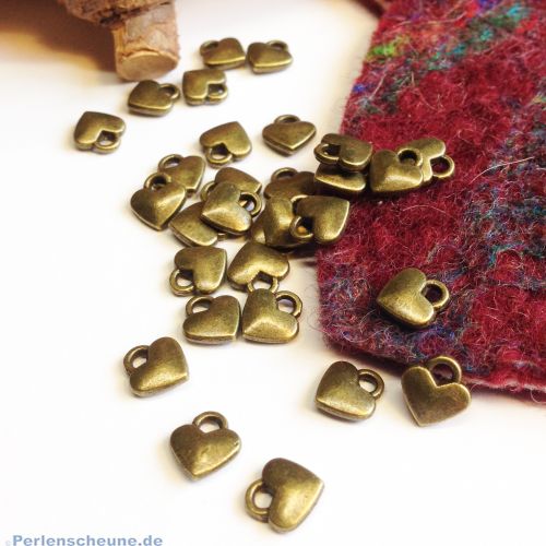10 Charms Kettenanhänger kleine Herzen bronze antik 7 mm