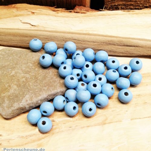 40 Hinoki Holzperlen in hellblau 7 x 6 mm Loch 1,5 mm