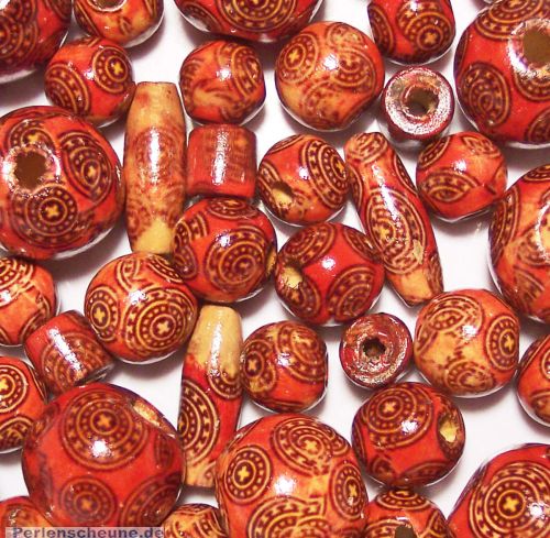 Perlenmix 30 rote Indianerperlen Holzperlen Kinderperlen 10 - 22 mm