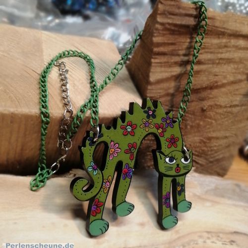 1 Halskette mit Anhänger Katze grün