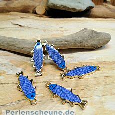 2 Kettenanhänger Ohranhänger Fisch Emaille goldfarben und blau 26 mm