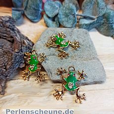 2 Charms Kettenanhänger Ohranhänger Frosch Emaille goldfarben grün Strass 21 mm