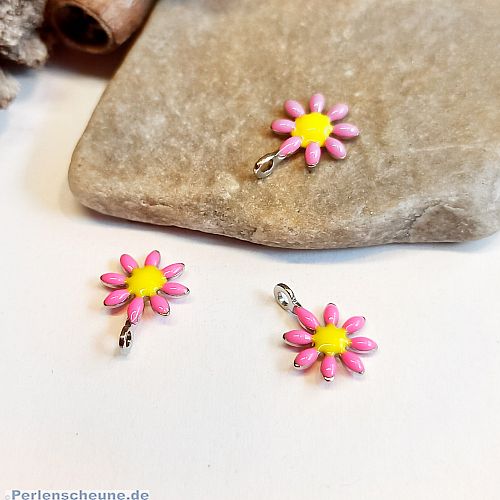 2 Edelstahlanhänger Emaille rosa Blume 10 mm