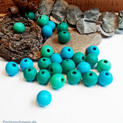 30 Hinoki Holzperlen in blau- grüntönig 10 mm Loch 2,5 mm