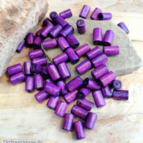 50 Holzperlen Walzen in lila violett 8 mm Loch 1,5 mm