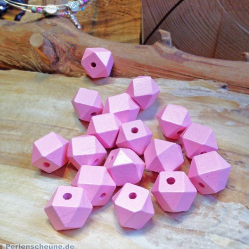 6 große Hinoki Holzperlen rosa Viel-Eck 26 mm Loch 4 mm