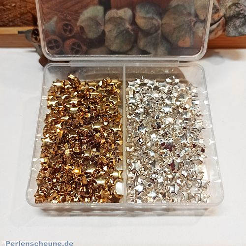 Perlenbox Sterne 6 mm silber- und goldfarben 200 Perlen