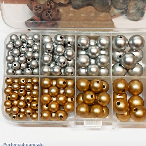 Perlenbox Kugeln 6 - 12 mm silber- und goldfarben 222 Perlen