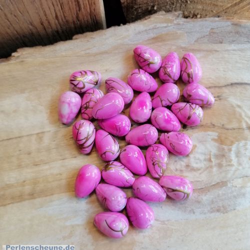15 Tropfen Perlen rosa marmoriert mit goldfarbenen Fäden 16 mm