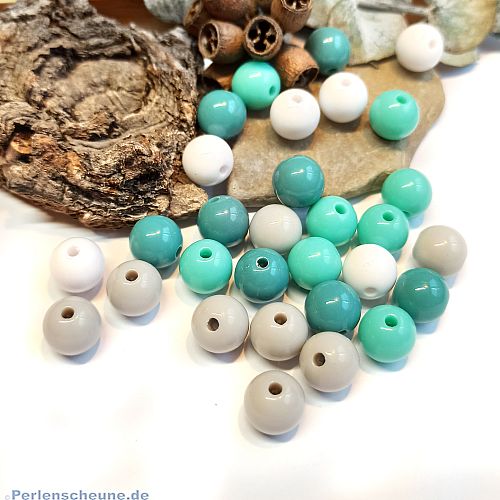 Perlenset 30 pastellige Perlen 10 mm Kunststoff ohne Naht türkisgrün Mix