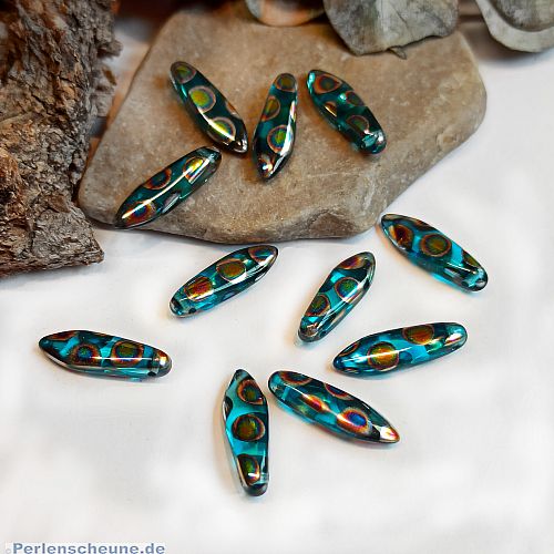 6 böhmische Glasperlen Tropfen dagger beads in blau rainbow 16 mm