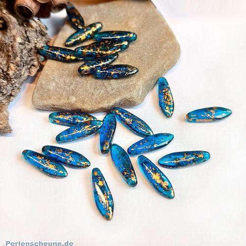 6 böhmische Glasperlen Tropfen dagger beads in blau gold 16 mm