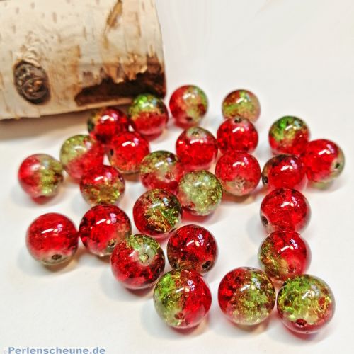 Perlenset 20 Crackleglasperlen rot grün 10 mm Kugel