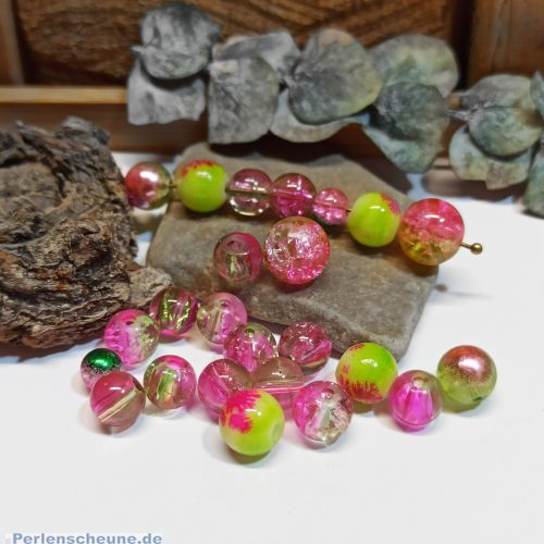 Perlenset 20 Crackleglasperlen rosa grün u.a. 6 - 10 mm Kugeln