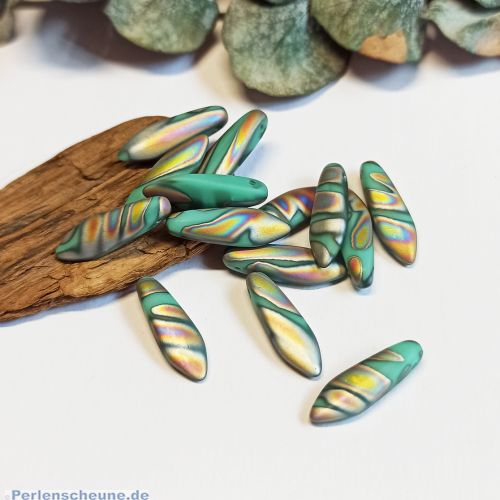 6 böhmische Glasperlen dagger beads in türkis grün rainbow 16 mm