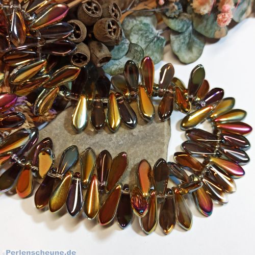 6 böhmische Glasperlen dagger beads in lila goldfarben rainbow 16 mm