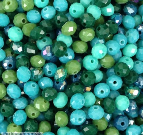 30 facettierte geschliffene Abacus Glasperlen grüntönig feuerpoliert 6 x 4 mm
