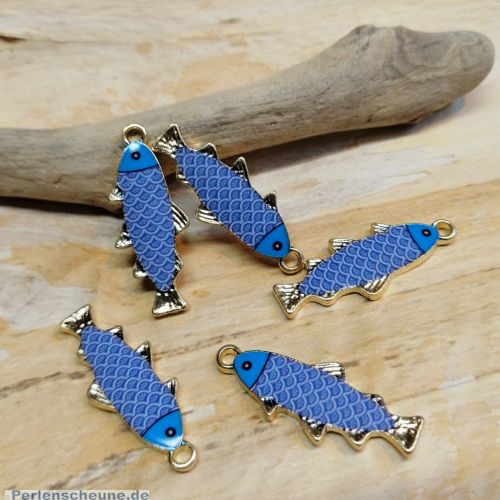 2 Kettenanhänger Ohranhänger Fisch Emaille gold blau 26 mm
