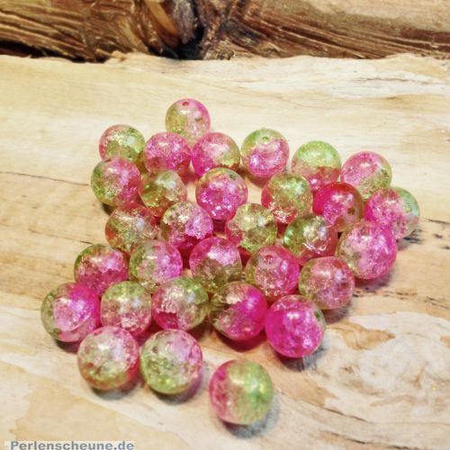 Perlenset 20 Crackleglasperlen rosa grün 10 mm Kugel