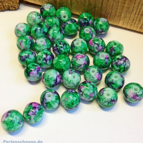Perlenset 20 Glasperlen grün lila Tinteneffekt 10 mm Kugel