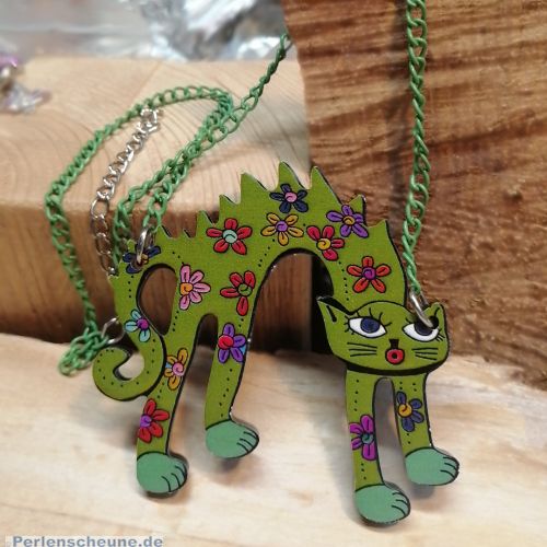 1 Halskette mit Anhänger Katze grün