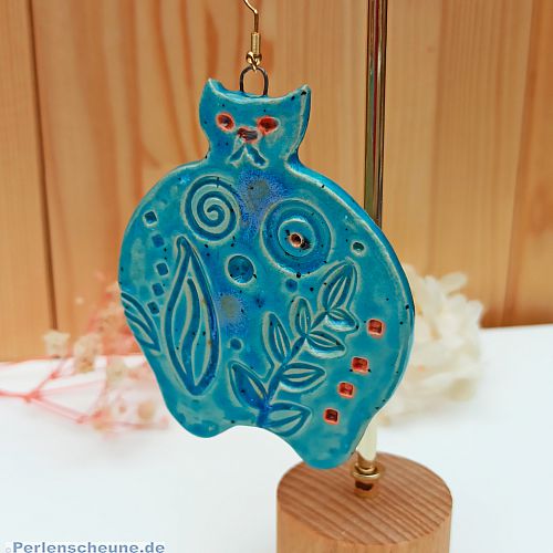 Keramik Kettenanhänger handmade glasierte Katze türkisblau