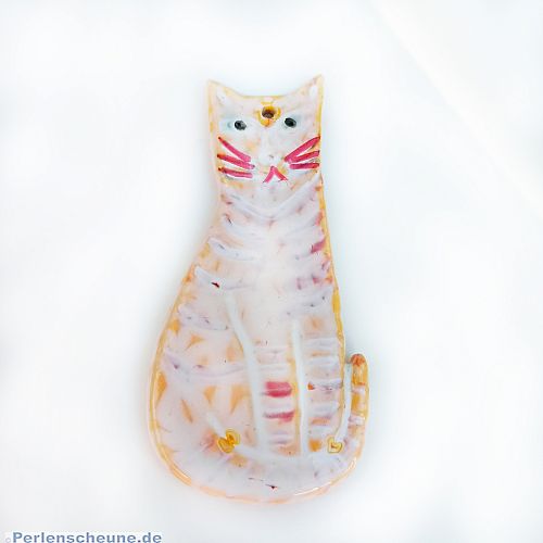 Keramik Kettenanhänger handmade glasierte Katze weiss gelb