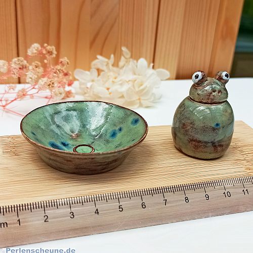 Mini-Keramik Schale und Froschgefäß handmade glasiert grün