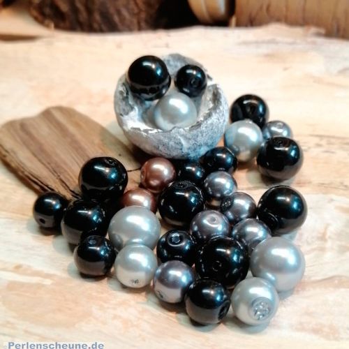Perlenset 100 schwarze Glaswachsperlen 6 - 10 mm