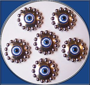 5 große Augenperlen Acrylperlen 31 mm silber blau